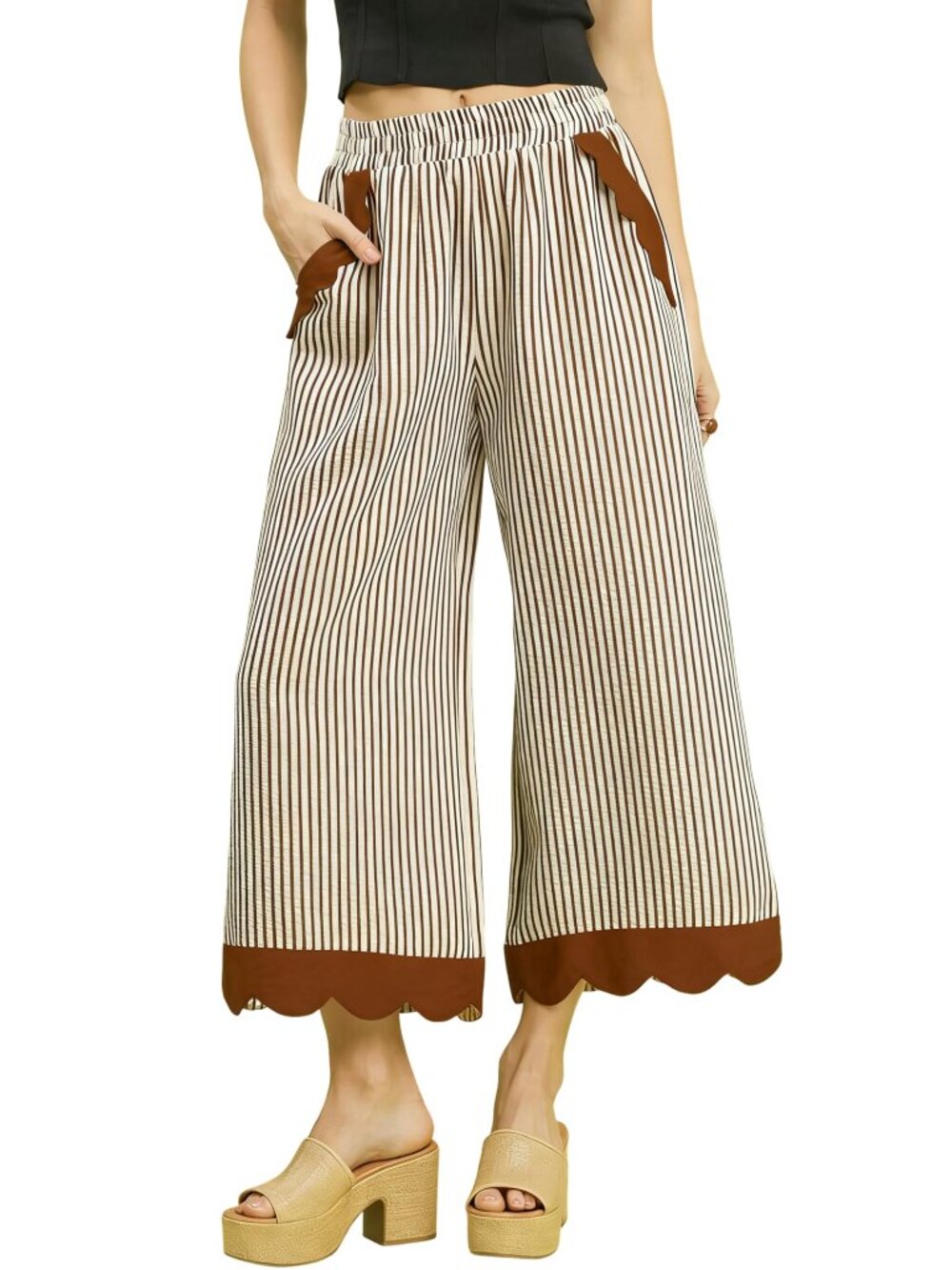 Brown Pinstripe Wide Leg Pants | Cropped Scalloped Hem Trousers